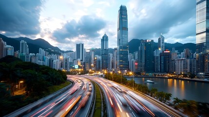 Naklejka premium Futuristic neon lit highway with vibrant purple and pink lights guiding the way through a sleek high tech cityscape A visualization of the transportation infrastructure of the future