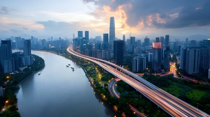 Glowing hyper modern highway with vibrant neon electric purple and pink lights guiding the way through a futuristic high tech cityscape of towering skyscrapers and digital architecture