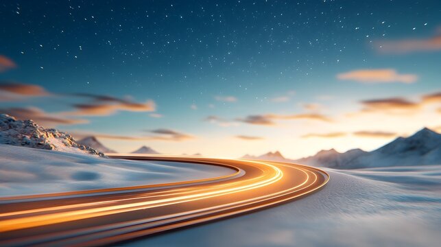 Curved futuristic road illuminated by electric blue and purple neon light trails cutting through a digital dreamlike landscape under a starless mysterious sky