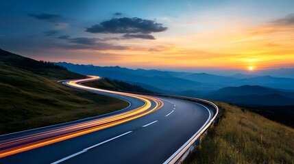 A sleek futuristic highway at night with neon light trails painting vibrant paths of electric blue and pink racing toward the horizon under a glowing ethereal sky