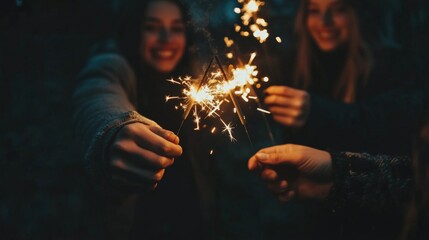 people holding fire sparklers by night to celebrate