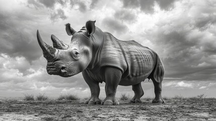Fototapeta premium Fotografía de mucho detalle de un gran rinoceronte africano, de cerca, donde el ojo y sus cuernos son el principal motivo fotográfico. Concepto de fotografía ganadora en blanco y negro de concurso de 