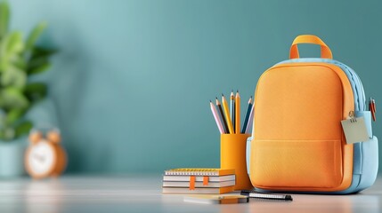 Colorful 3D rendering of a stylish school backpack surrounded by various stationery items such as notebooks pencils and rulers