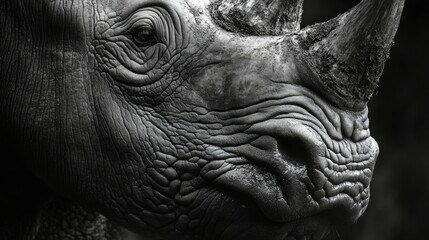 Fotografía de mucho detalle de un gran rinoceronte africano, de cerca, donde el ojo y sus cuernos son el principal motivo fotográfico. Concepto de fotografía ganadora en blanco y negro de concurso de 