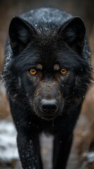 Naklejka premium Gran lobo negro con mirada aterradora y fiereza. Carnívoro hambriento mirando fijamente a la cámara.