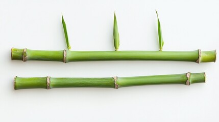 Fototapeta premium Three green bamboo stems arranged side by side, isolated on white background