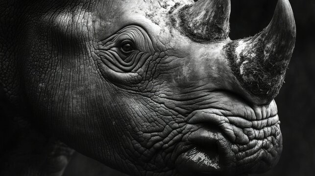 Fotograf&iacute;a de mucho detalle de un gran rinoceronte africano, de cerca, donde el ojo y sus cuernos son el principal motivo fotogr&aacute;fico. Concepto de fotograf&iacute;a ganadora en blanco y negro de concurso de 