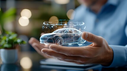 3D hologram of a car seat part displayed on a human hand with a central blank space for content or branding  Futuristic digital technology concept for automotive design product visualization