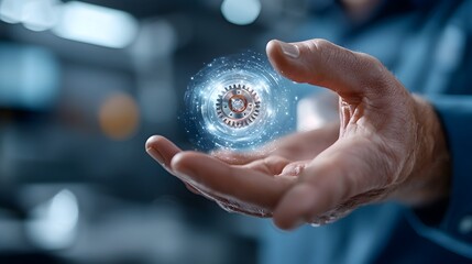 Fototapeta premium Transparent holographic projection of a vehicle transmission gear displayed over a human hand showcasing a futuristic automotive engineering interface or technology concept
