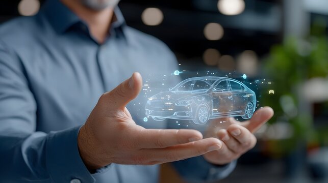 Futuristic 3D hologram of a car seat part displayed on a human hand showcasing a modern and innovative automotive technology concept with a central blank space for content or branding