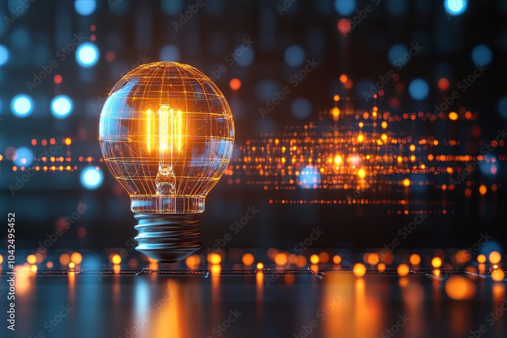 Poster a glowing light bulb radiates innovation in a futuristic digital environment filled with sparkling l