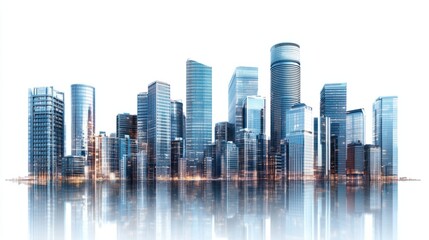 Cityscape panorama with futuristic office towers and business complexes, isolated on white background