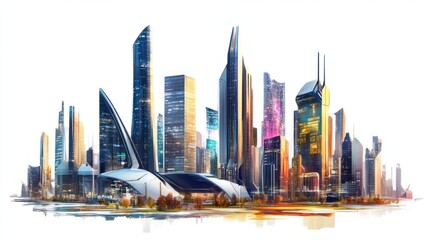 Obraz premium Cityscape panorama with futuristic office towers and business complexes, isolated on white background