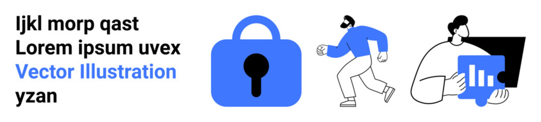 Combination of lock icon, running person, and analyst examining charts. Ideal for data security, analytics, software applications, digital safety, and personal privacy. Banner for landing page