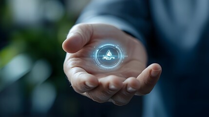 Captivating 3D hologram of a steering wheel displayed above a human hand highlighting the innovative and interactive nature of a cutting edge vehicle interface concept