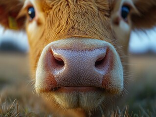 Foto gran angular o macro del hocico de una vaca con alto detalle.

