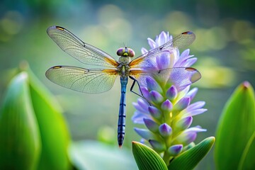 Dragonfly perched on water hyacinth plant, nature, wildlife, insect, pond, colorful