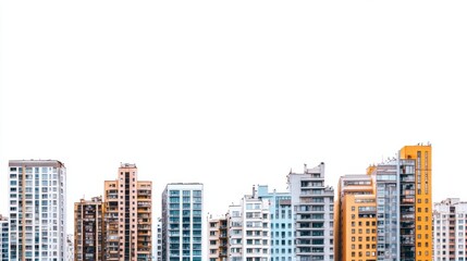 Obraz premium Panorama of densely packed high-rise buildings with modern facades, isolated on white background