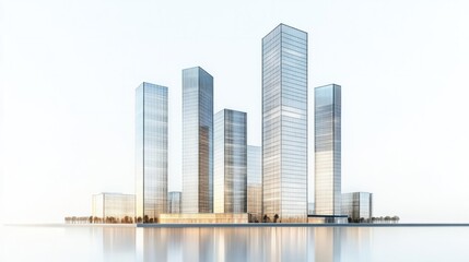 Fototapeta premium Panorama of high-rise office towers with clean lines and reflective glass, isolated on white background