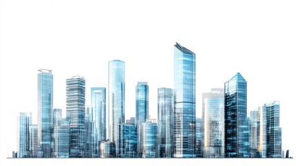 Obraz premium Panorama of sleek glass and steel high-rise buildings in a modern city, isolated on white background