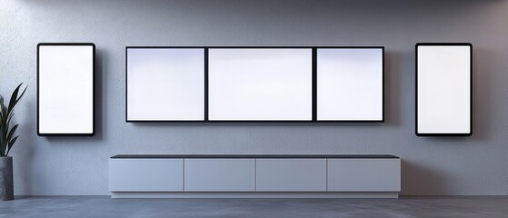 Modern minimalist display wall featuring empty frames for creative art installations and visual presentations
