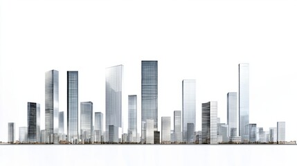 Fototapeta premium Panorama of sleek glass and steel high-rise buildings in a modern city, isolated on white background