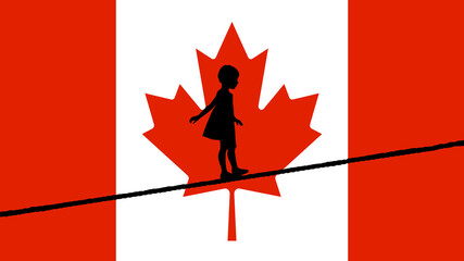 Silhouette of a Child Balancing on a Tightrope on a Canadian Flag