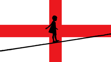 Silhouette of a Child Balancing on a Tightrope on an English Flag