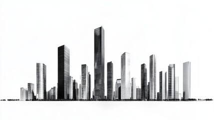 Fototapeta premium Panorama of sleek urban towers and high-rise office buildings, isolated on white background