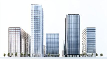 Fototapeta premium Panorama of tall office buildings with sleek architectural designs, isolated on white background