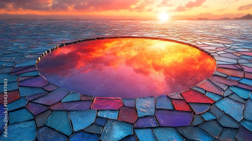 Poster As the sun sets, the sky fills with brilliant hues of orange and pink, reflecting off a circular pool that is edged with colorful tiles, creating a tranquil atmosphere.