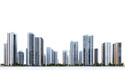 Panoramic city view of modern residential towers and commercial buildings, isolated on white background