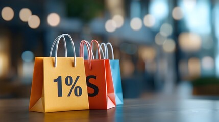Captivating 3D golden percent symbol surrounded by vibrant shopping bags illuminated by striking neon lightning against a dark dramatic background   representing the dynamic interplay of finance