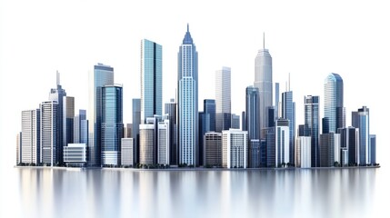 Fototapeta premium Panoramic cityscape with modern high-rises and sleek office buildings, isolated on white background