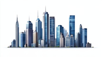 Fototapeta premium Panoramic cityscape with modern high-rises and sleek office buildings, isolated on white background