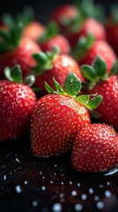 Foto comercial de fresas, apiladas y rociadas con agua para simular frescor y apetencia, concepto de salud, de frutos rojos y del bosque como símbolo de salud, cardiovascular y antioxidante.