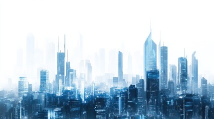 Fototapeta premium Panoramic cityscape with tall buildings and futuristic design elements, isolated on white background