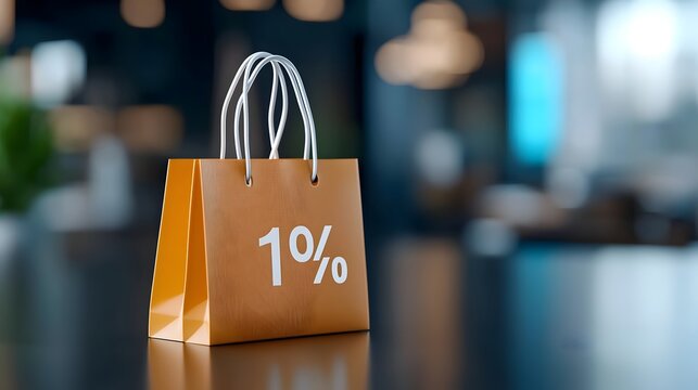 Striking 3D percent symbol with vibrant neon lightning flashes illuminating shopping bags against a stylish matte black background creating a modern and captivating digital graphic