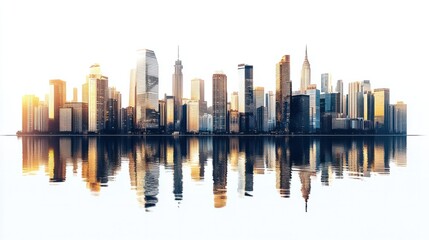 Fototapeta premium Panoramic cityscape with tall, reflective buildings in a modern business district, isolated on white background