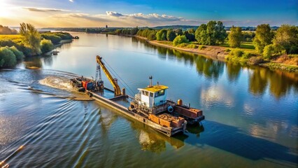 Fototapeta premium Dredger cleaning the river bottom, promoting conservation of river flow with a view of nature and clouds from a high angle
