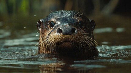 Fototapeta premium De una nutria en el agua, saliendo mojada y feliz
