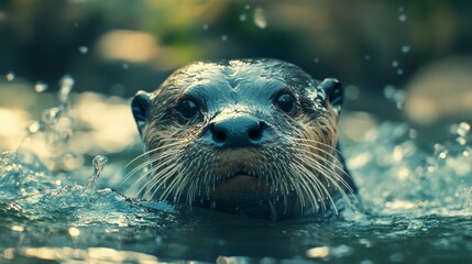 De una nutria en el agua, saliendo mojada y feliz
