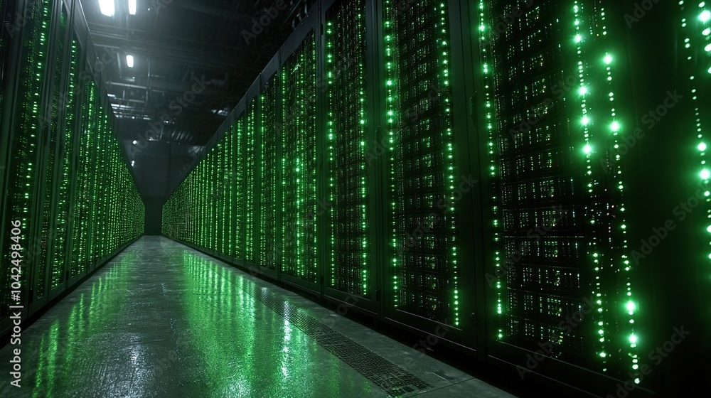 Poster rows of glowing servers in a data center.