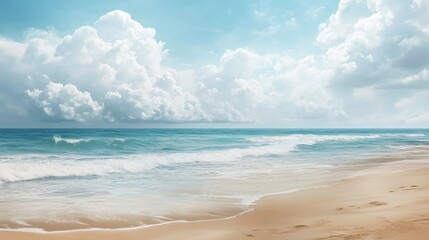 Fototapeta premium A serene beach scene with soft, white sand, gentle waves, and a clear blue sky dotted with fluffy clouds.