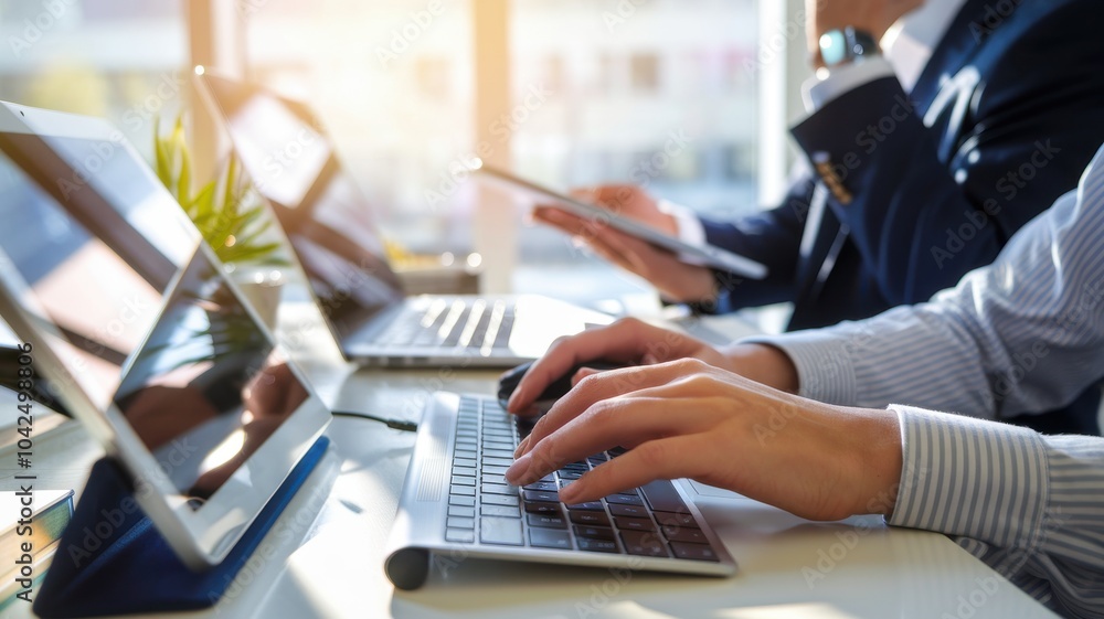 Poster a man is typing on a keyboard in front of a laptop and a tablet