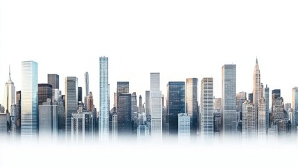 Fototapeta premium Panoramic urban landscape of business district towers and corporate buildings, isolated on white background