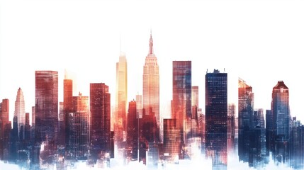 Panoramic urban landscape of business district towers and corporate buildings, isolated on white background