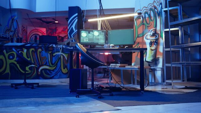 High tech computer system running malicious code in empty basement, handheld camera shot. PC monitors in empty neon lit criminal hideout used by hackers to commit illegal activities, camera A