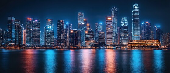 Fototapeta premium Nighttime cityscape with skyscrapers reflecting in the water.