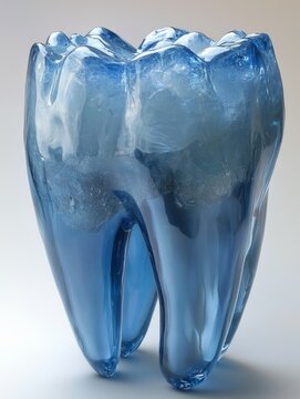 Escultura de una muela transparente de cristal azul, concepto de belleza dental, y dentista.